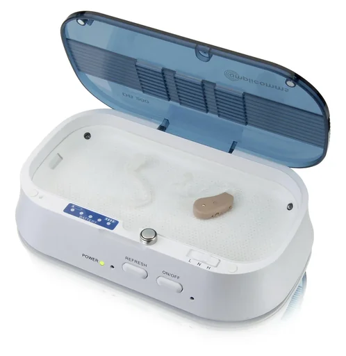 "Drying box for hearing aids DryBox200 with built-in battery tester image"
